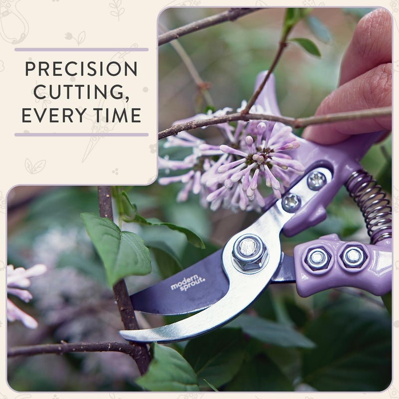 Modern Sprout Hand Pruners - Lightweight Pruning Shears W/Easy Lock- Gardening Scissors - Bypass Sharp Carbon Steel Blade - Rust Resistant - Garden Tools - Reusable Holster - Lavender - Image 2